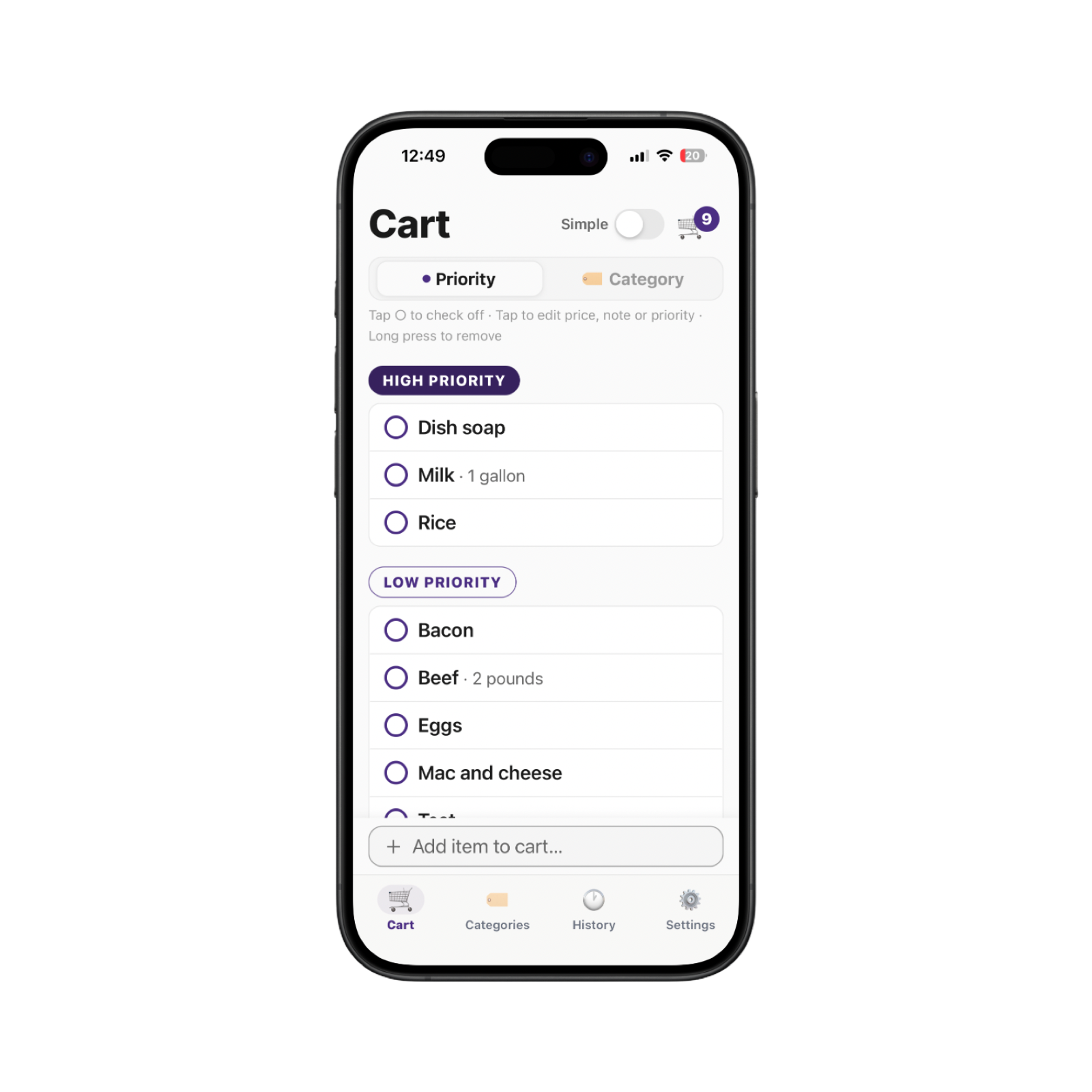 Cart screen showing items by priority