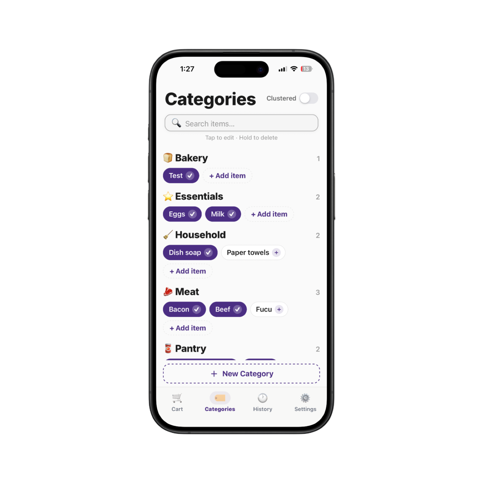 Categories screen showing organized shopping lists