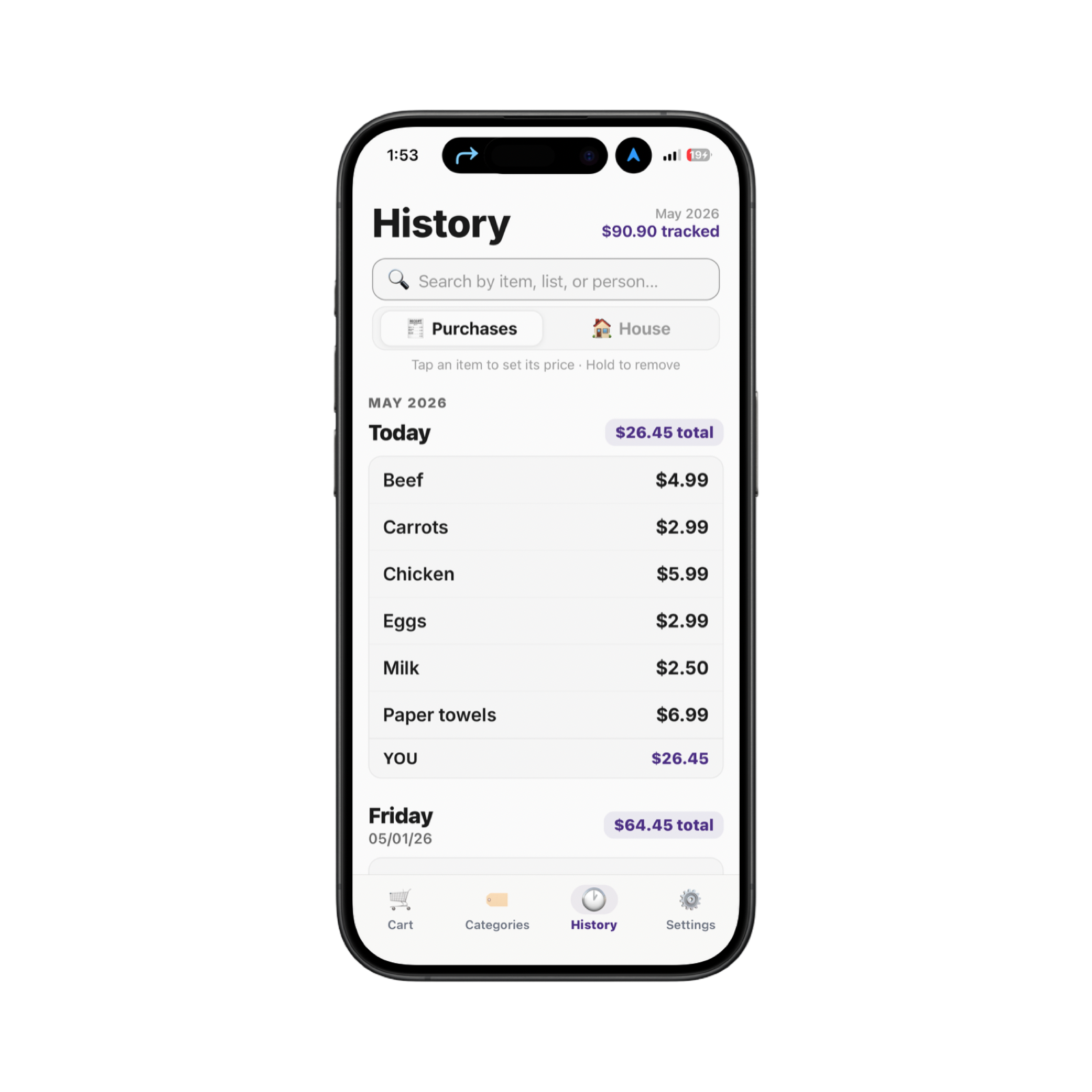 History screen showing purchase totals and spending