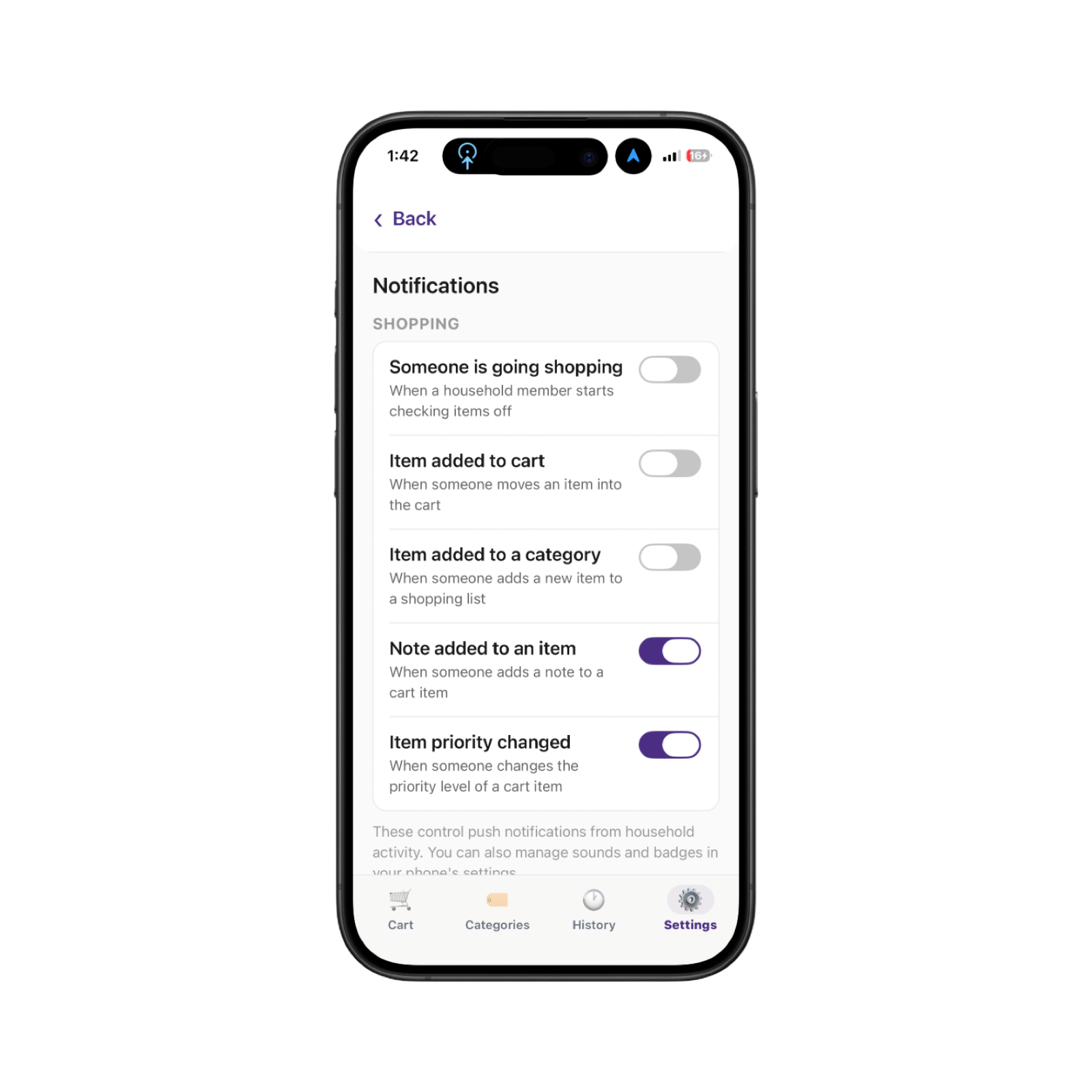 Notifications settings screen